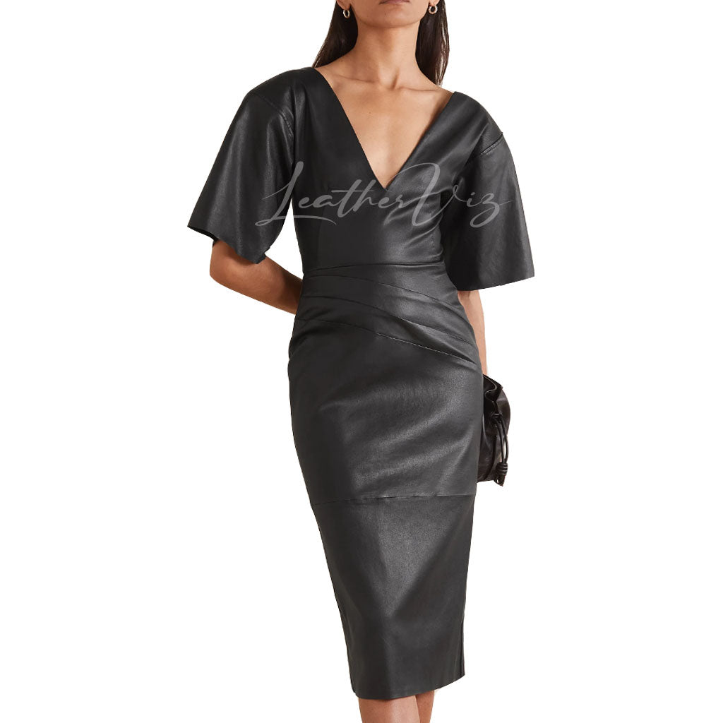 V neck Party Black  leather dress