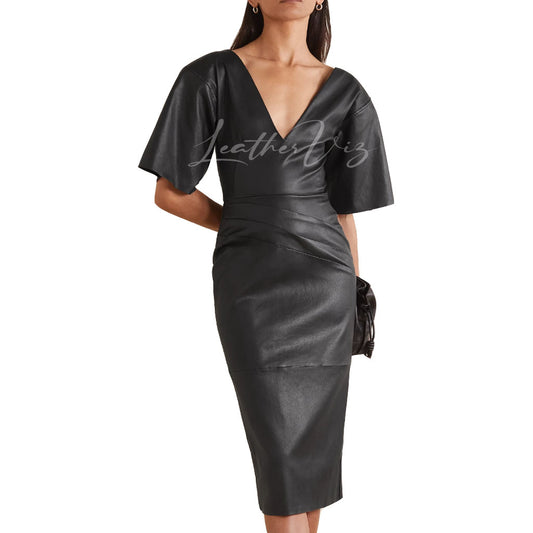 V neck Party Black  leather dress
