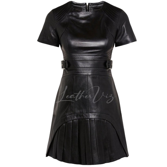 Round neckline leather party dress