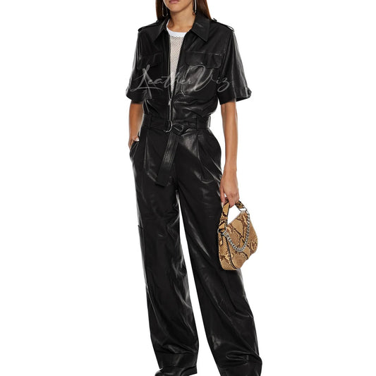 Pleated Style Wide-Leg Leather Jumpsuit For Women