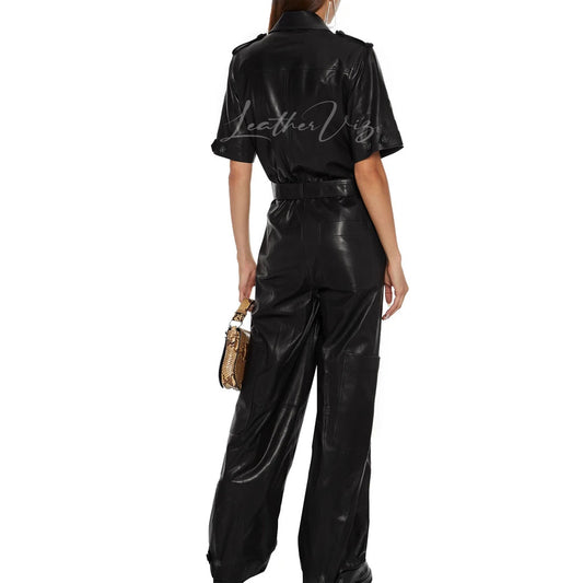 Pleated Style Wide-Leg Leather Jumpsuit For Women