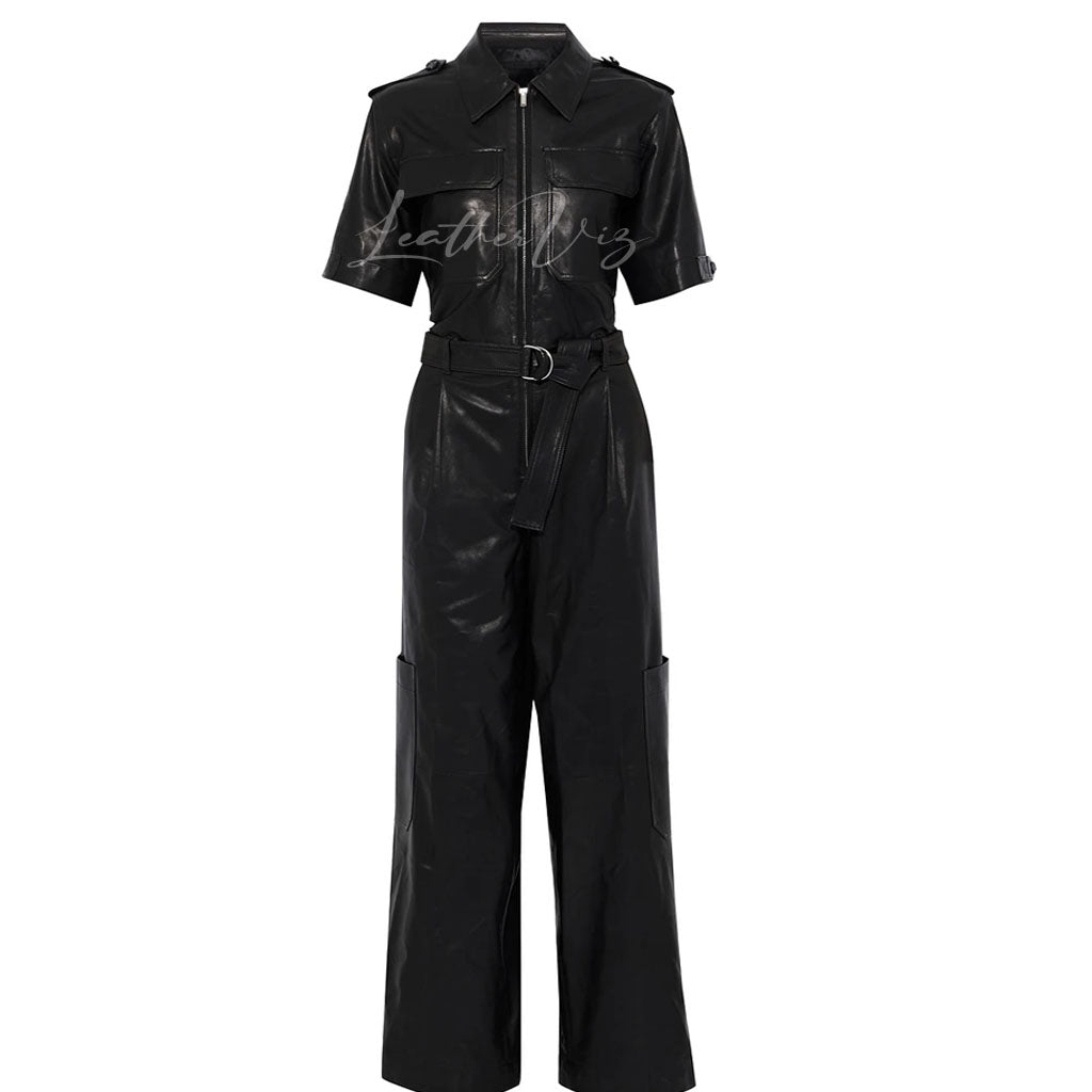Pleated Style Wide-Leg Leather Jumpsuit For Women