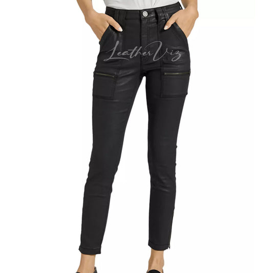 POCKET DETAILING WOMEN LEATHER ANKLE PANTS