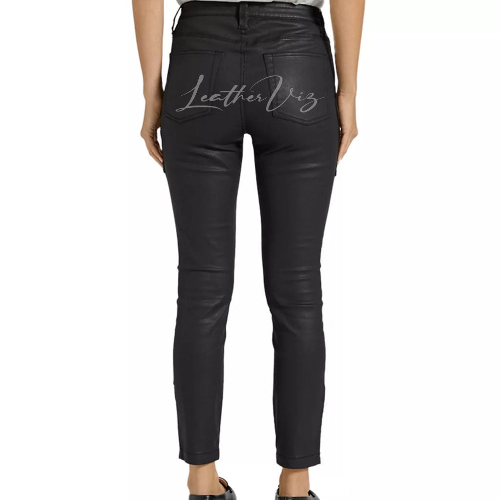 POCKET DETAILING WOMEN LEATHER ANKLE PANTS