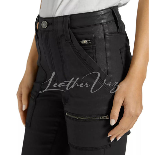 POCKET DETAILING WOMEN LEATHER ANKLE PANTS