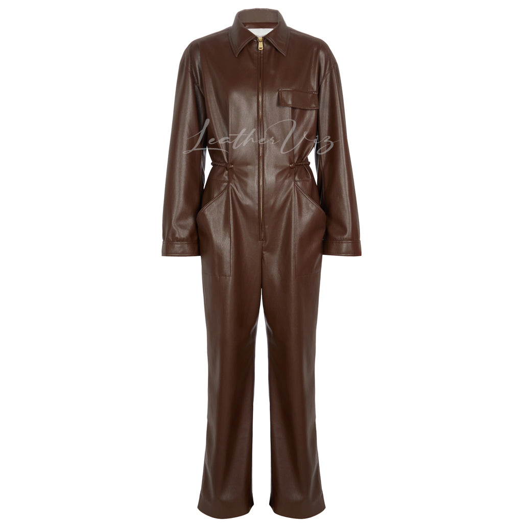 Point Collar Women Brown Leather Jumpsuit
