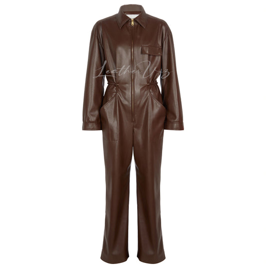 Point Collar Women Brown Leather Jumpsuit