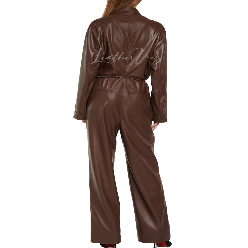 Point Collar Women Brown Leather Jumpsuit