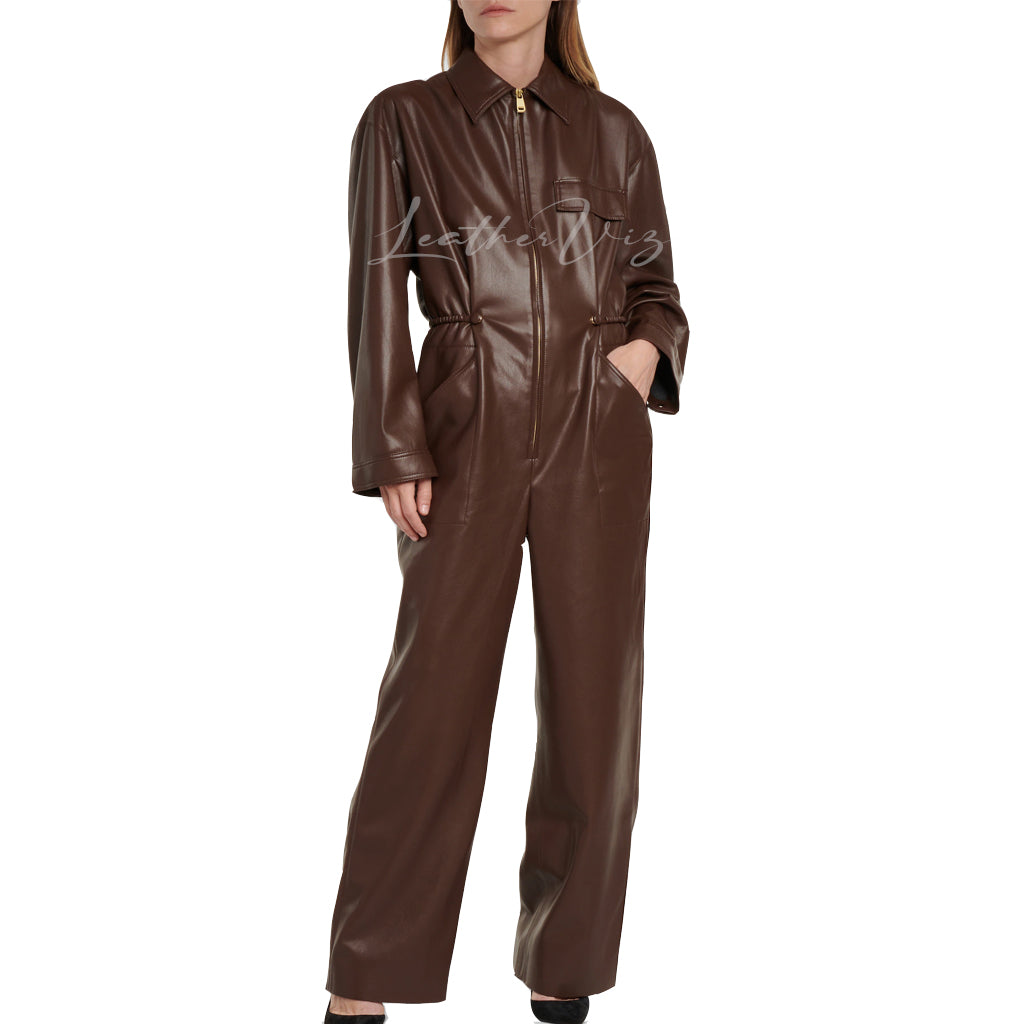 Point Collar Women Brown Leather Jumpsuit