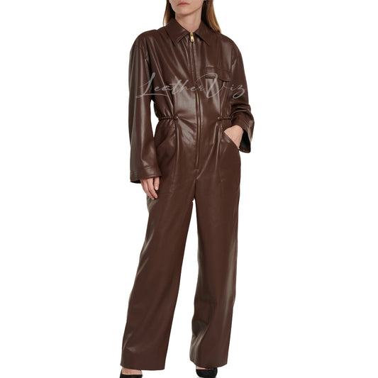 Point Collar Women Brown Leather Jumpsuit