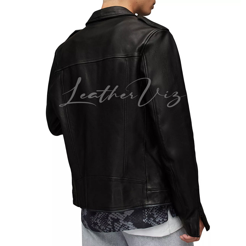POINTED COLLAR MEN BLACK LEATHER JACKET