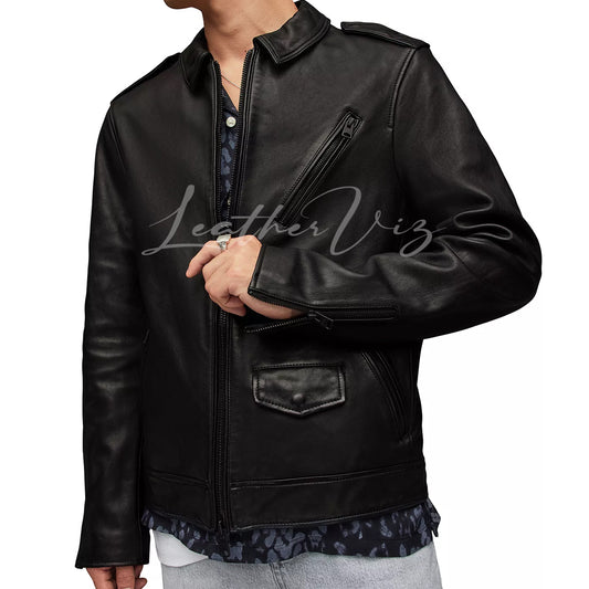 POINTED COLLAR MEN BLACK LEATHER JACKET