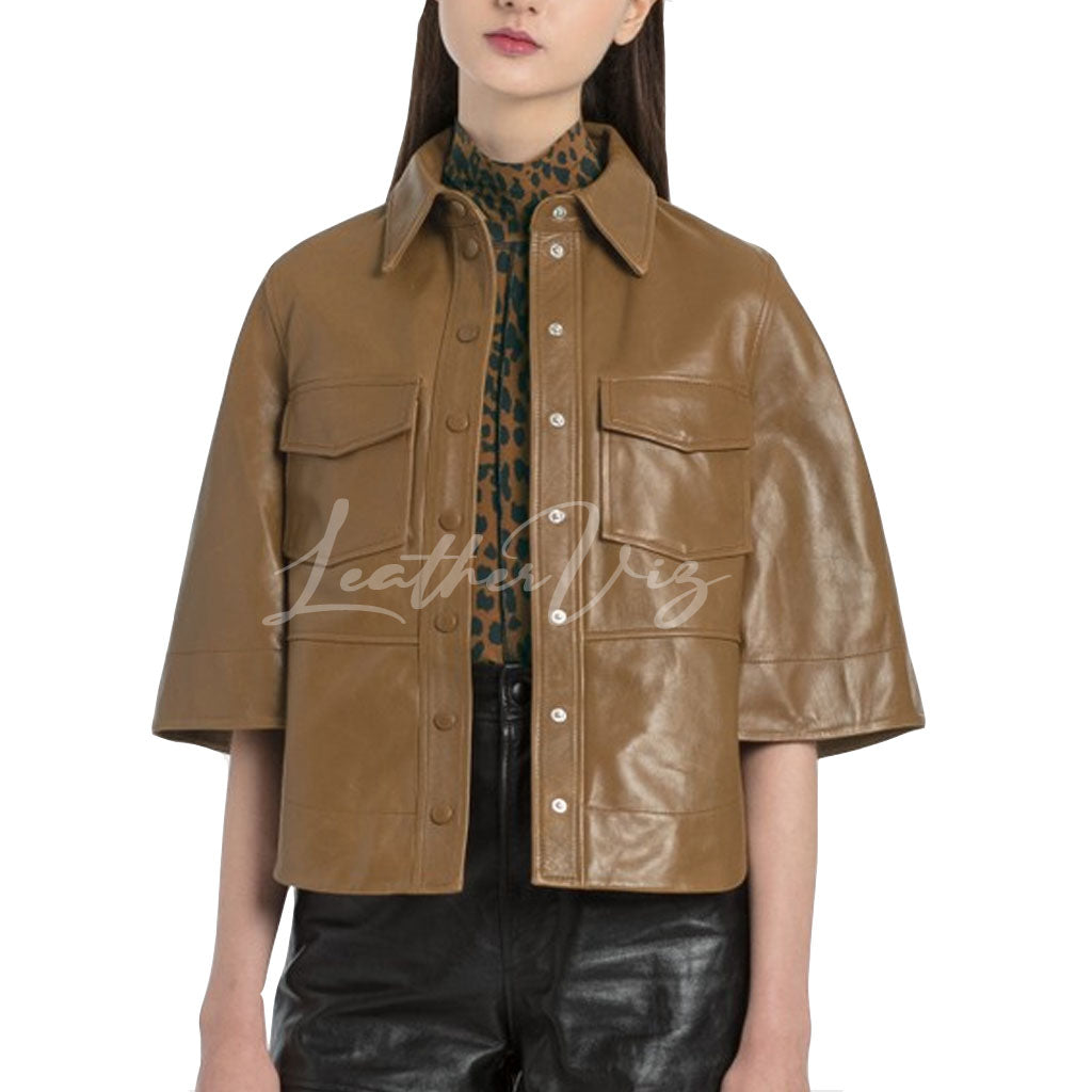 POINTED COLLAR WOMEN LEATHER SHIRT