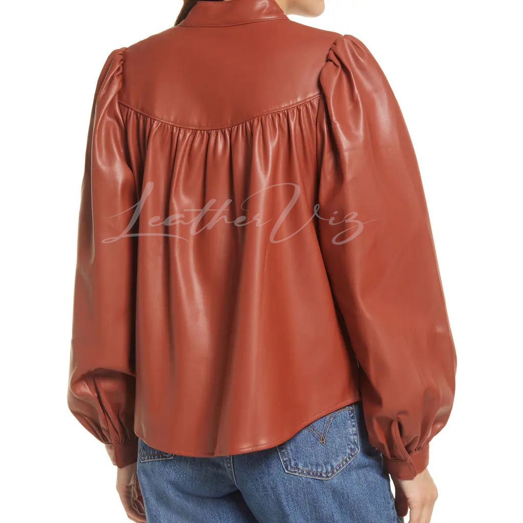 PUFF SLEEVES FAUX LEATHER SHIRT FOR WOMEN