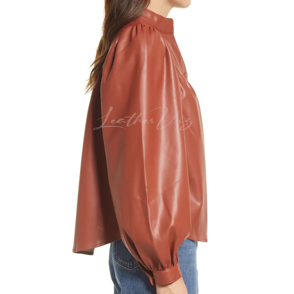 PUFF SLEEVES FAUX LEATHER SHIRT FOR WOMEN