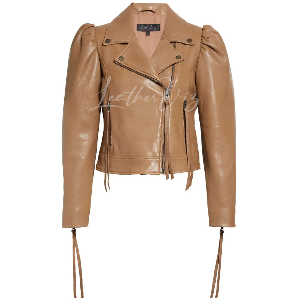 Puff Sleeves Women Moto Leather Jacket