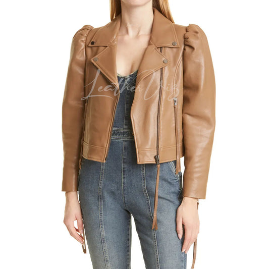 Puff Sleeves Women Moto Leather Jacket