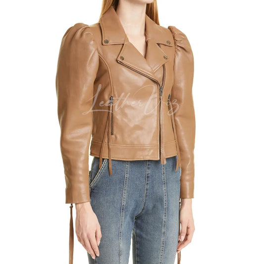 Puff Sleeves Women Moto Leather Jacket