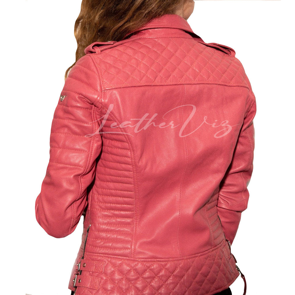 Quilted Pink Leather Motorcycle Jacket for womens
