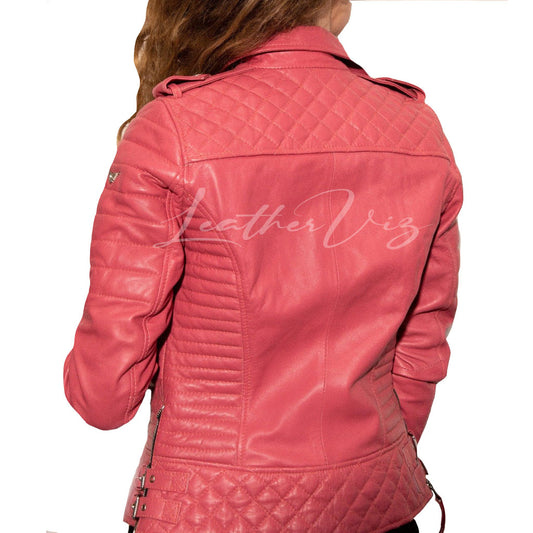 Quilted Pink Leather Motorcycle Jacket for womens