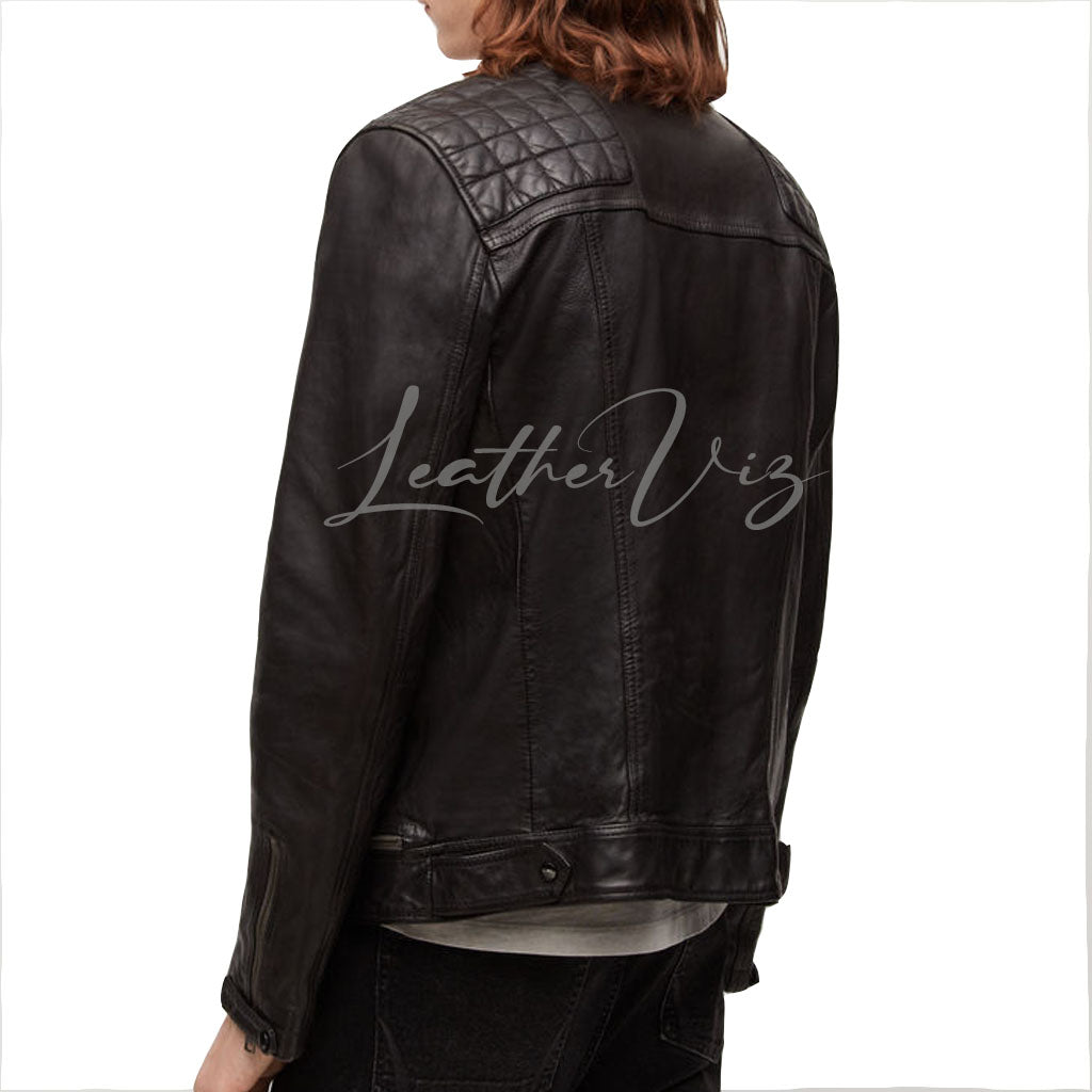 QUILTED SHOULDER PANELS MEN BIKER LEATHER JACKET