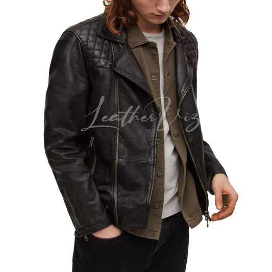 QUILTED SHOULDER PANELS MEN BIKER LEATHER JACKET