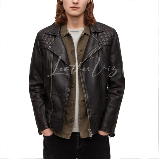 QUILTED SHOULDER PANELS MEN BIKER LEATHER JACKET