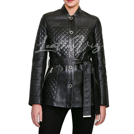 QUILTED STYLE WOMEN BELTED LEATHER COAT