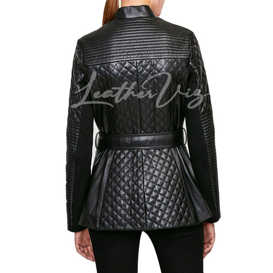 QUILTED STYLE WOMEN BELTED LEATHER COAT