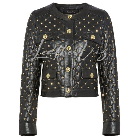 Quilted Style Women Studded Leather Biker Jacket
