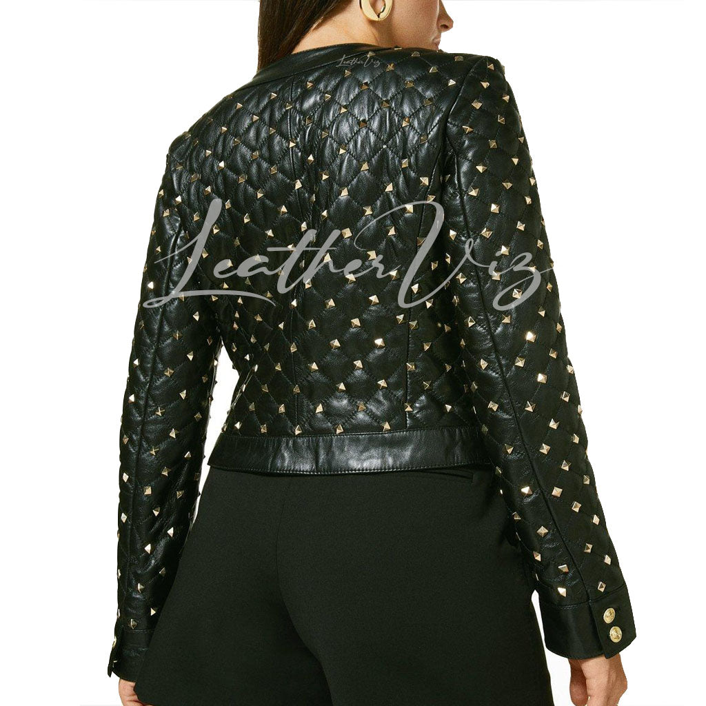 Quilted Style Women Studded Leather Biker Jacket