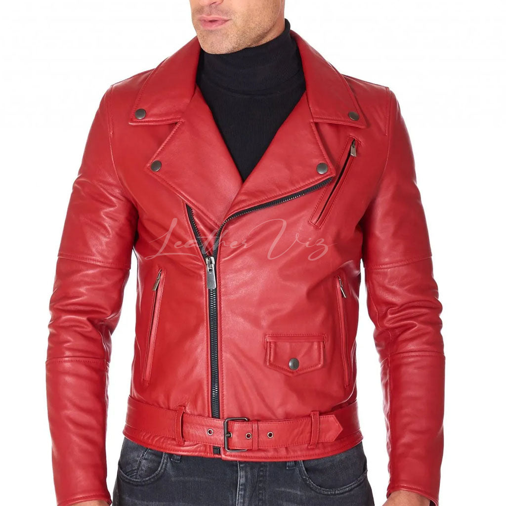 RED BELTED LAMB LEATHER BIKER JACKET