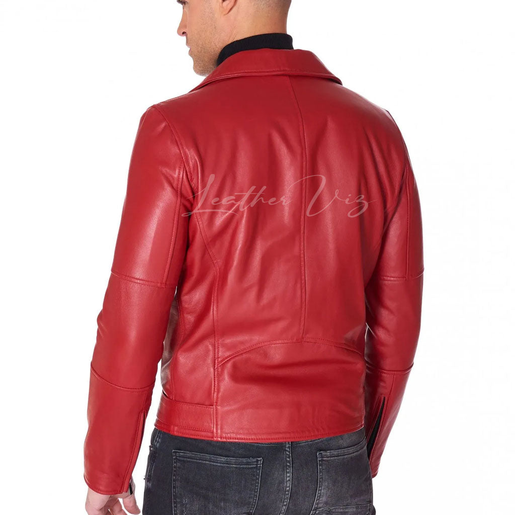 RED BELTED LAMB LEATHER BIKER JACKET