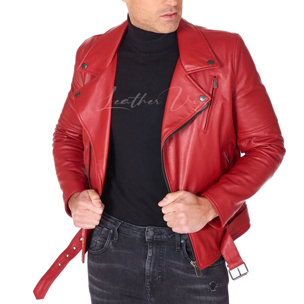 RED BELTED LAMB LEATHER BIKER JACKET