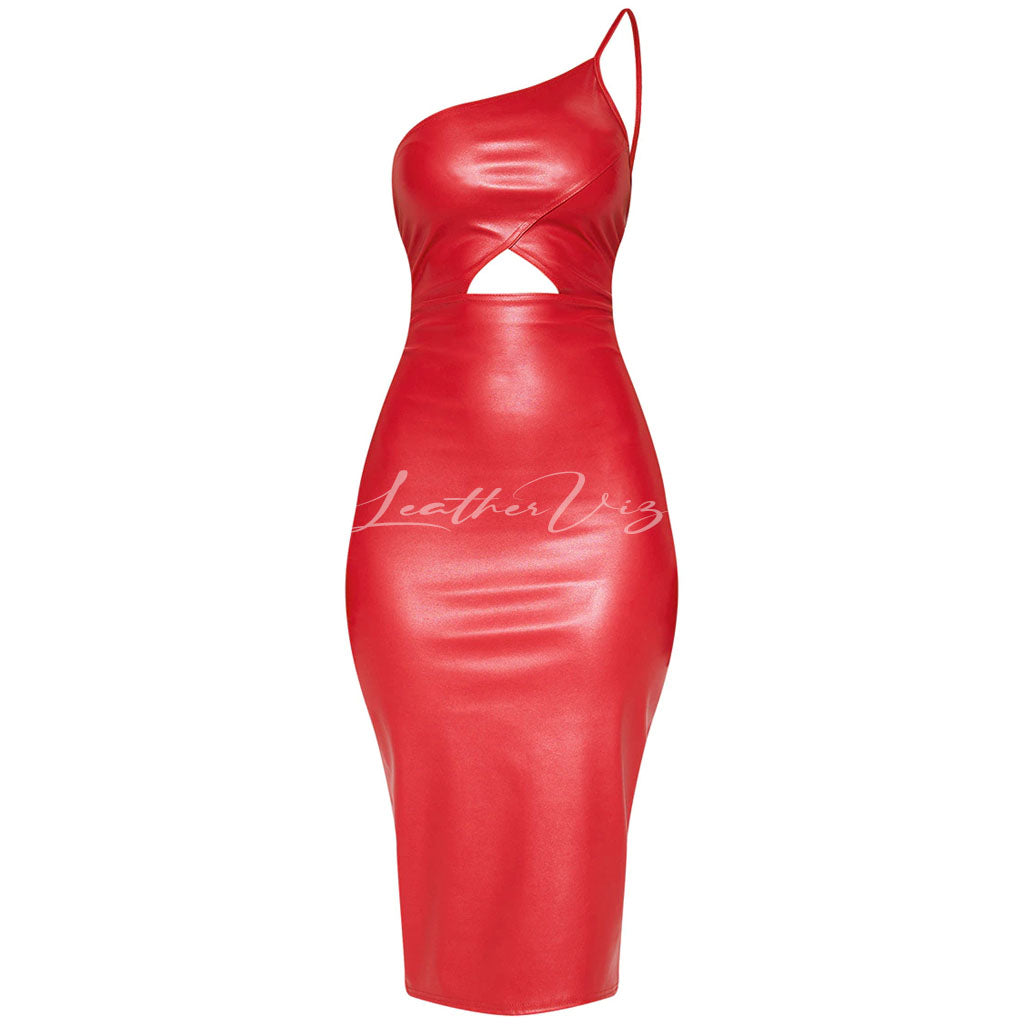 Red Faux Leather One Shoulder Cut Out Sexy Midi Dress LeatherViz Red Faux Leather One Shoulder Cut Out Sexy Midi Dress LeatherViz