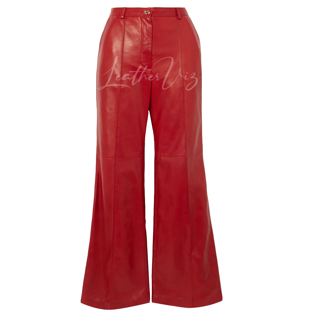 RED LEATHER STRAIGHT-LEG PANTS FOR WOMEN
