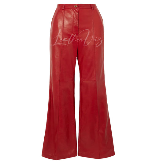 RED LEATHER STRAIGHT-LEG PANTS FOR WOMEN