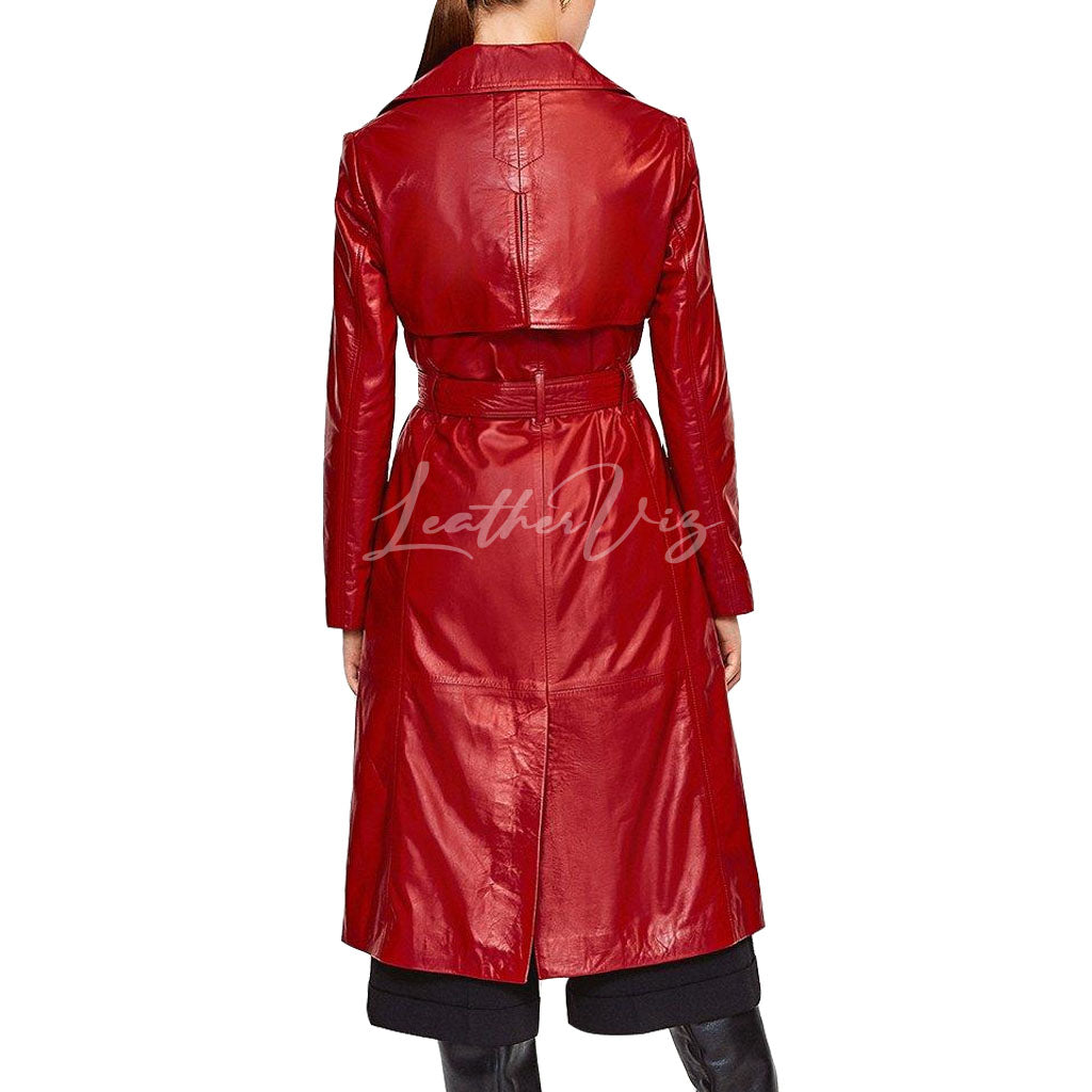 RED LEATHER TRENCH COAT FOR WOMEN