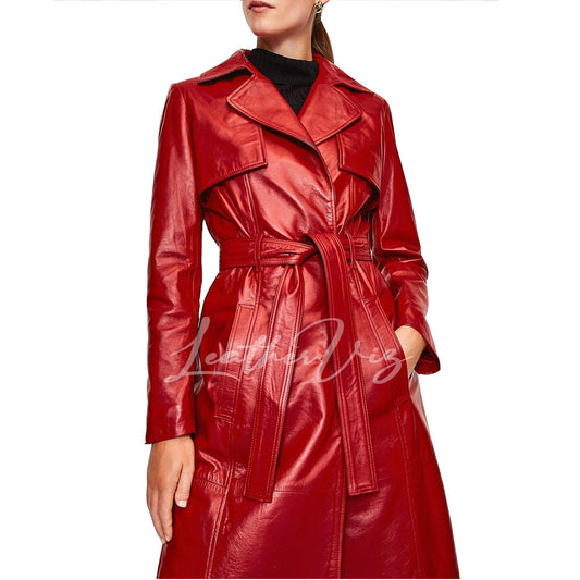 RED LEATHER TRENCH COAT FOR WOMEN
