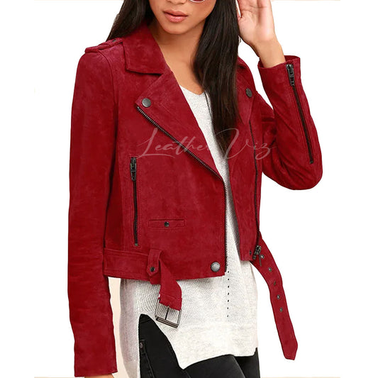 Red Suede Leather Women Motto Jacket