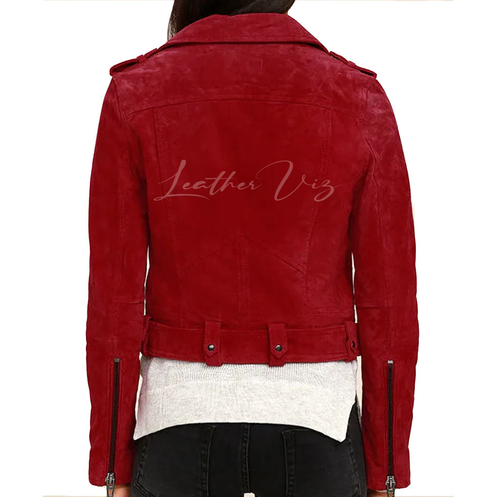Red Suede Leather Women Motto Jacket