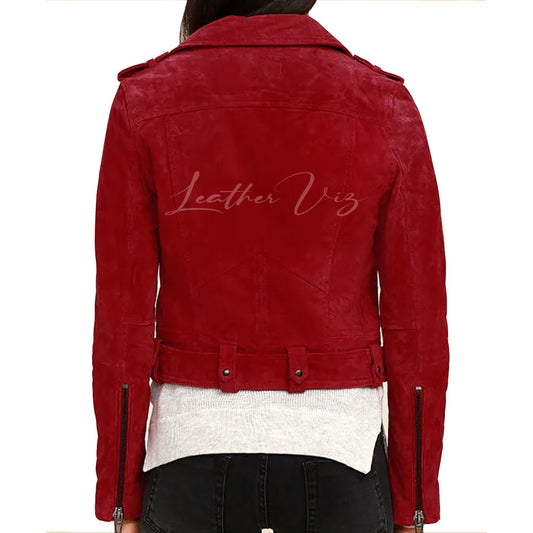 Red Suede Leather Women Motto Jacket