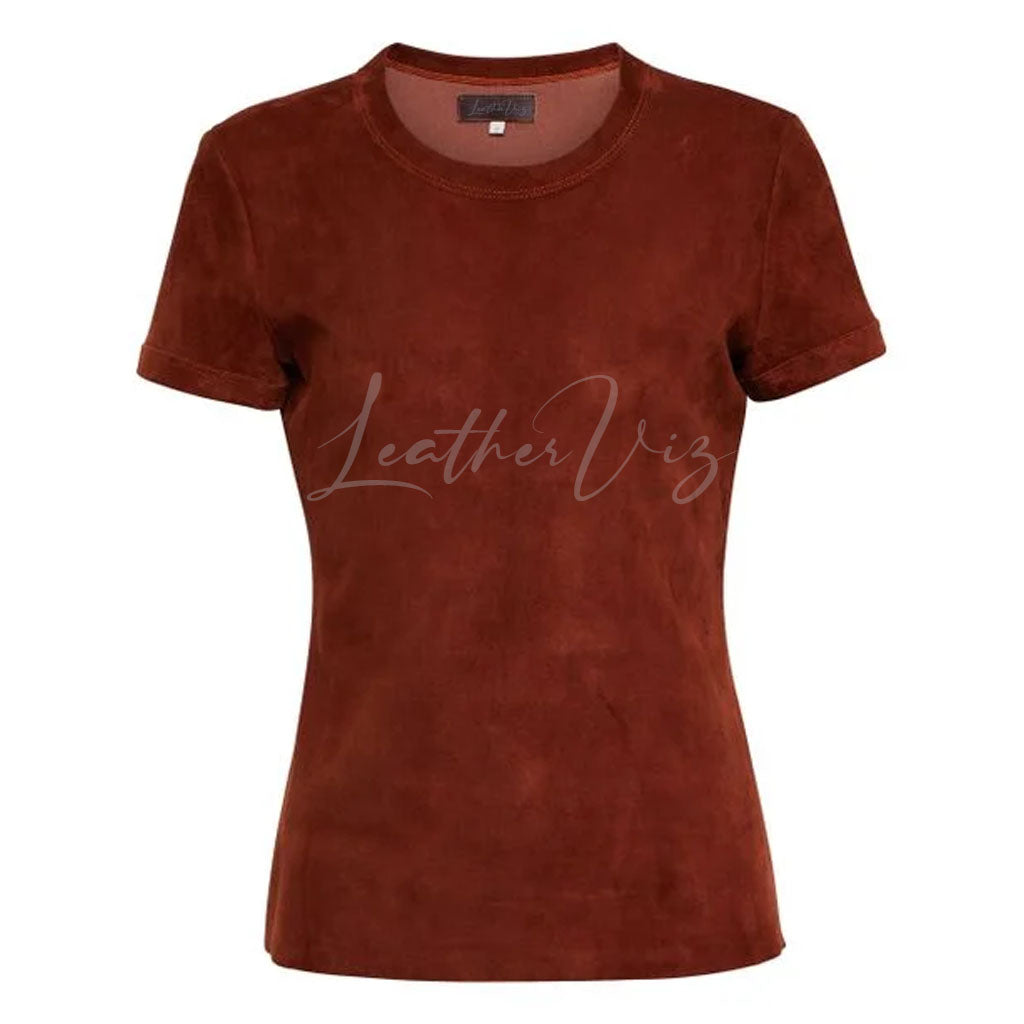 Round Neckline Brown Suede Leather Top