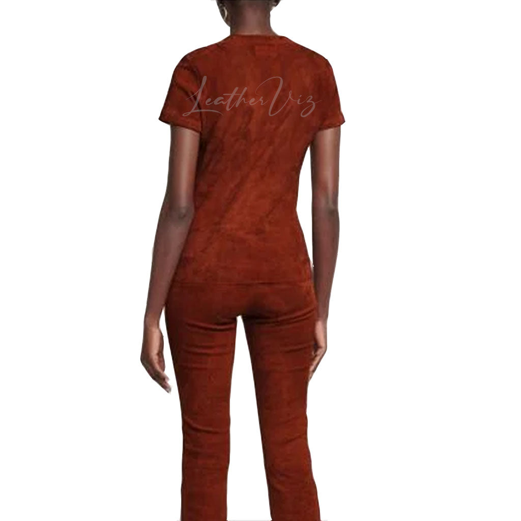 Round Neckline Brown Suede Leather Top