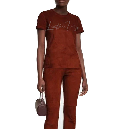 Round Neckline Brown Suede Leather Top