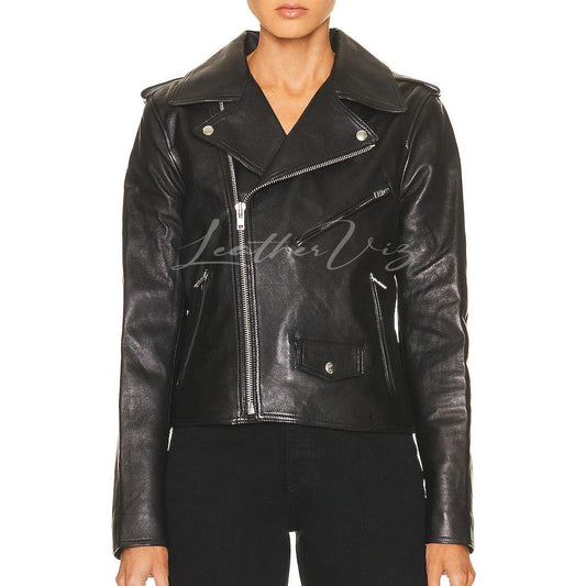 Royal Women Leather Jacket Genuine Lambskin Biker Black