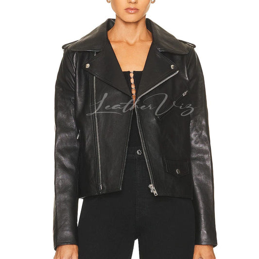 Royal Women Leather Jacket Genuine Lambskin Biker Black