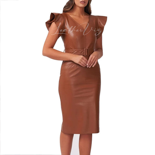 Ruffle-edge Women’s leather dress with V-neckline