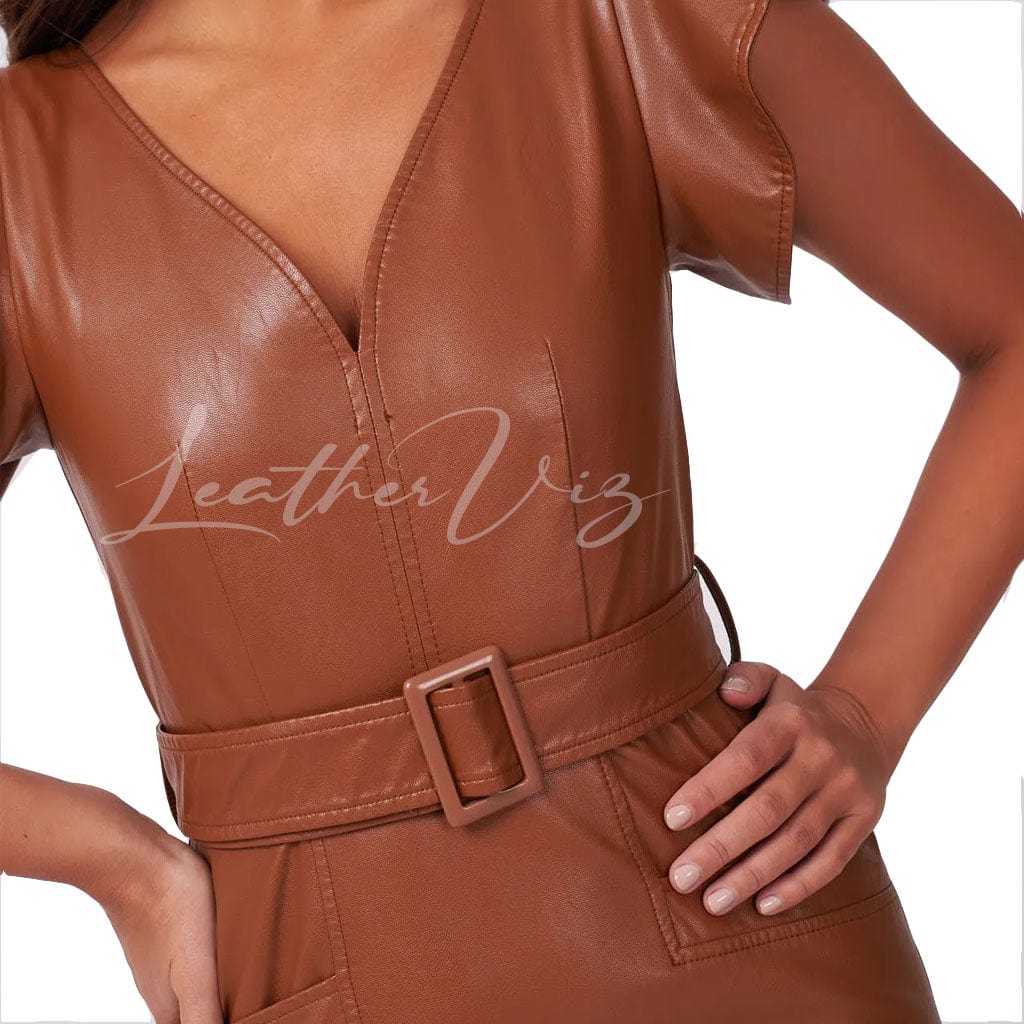 Midi-length Genuine Leather dress with waist belt