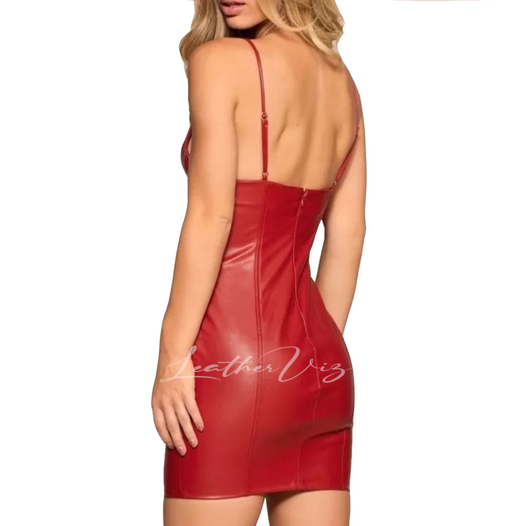 Red party mini dress in genuine leather